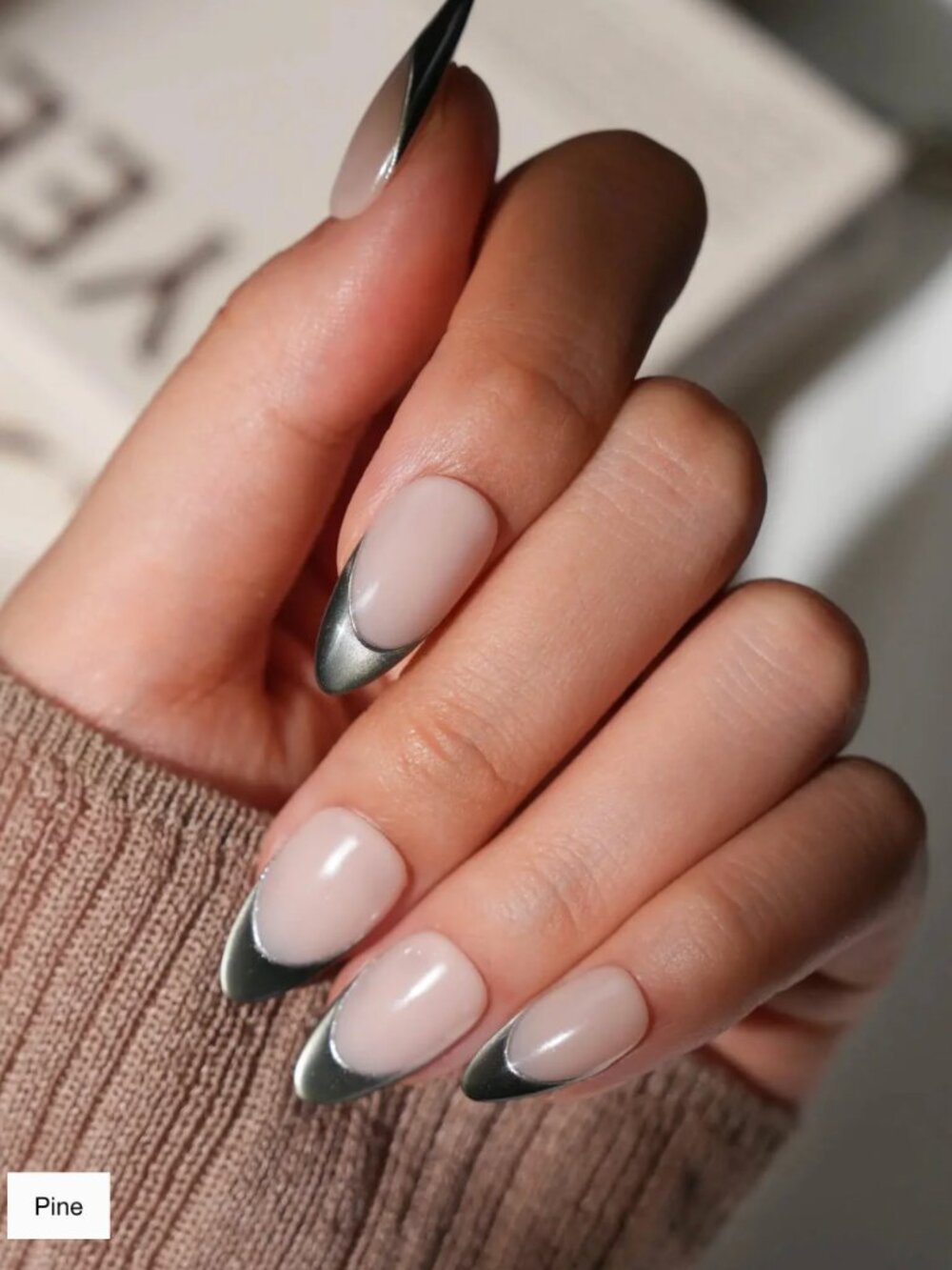 Premium Reusable Handmade Press On Nails - Gray Green French Tip & Cat Eye